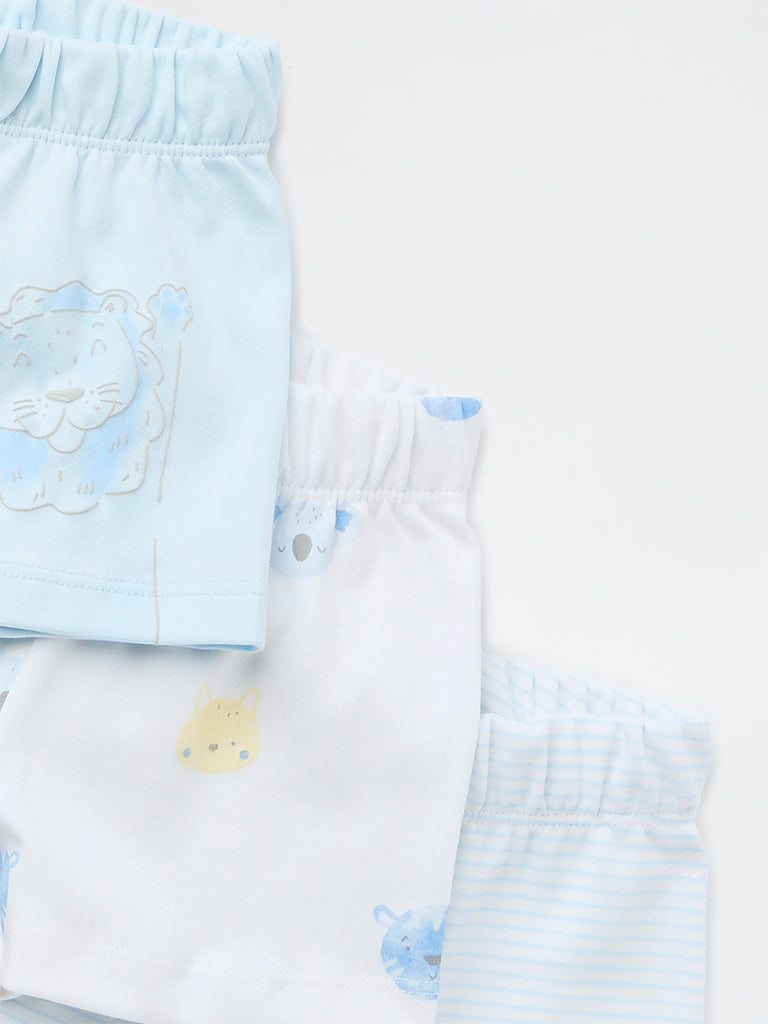 HOP Baby Boys Blue Printed Cotton Shorts - Pack of 3
