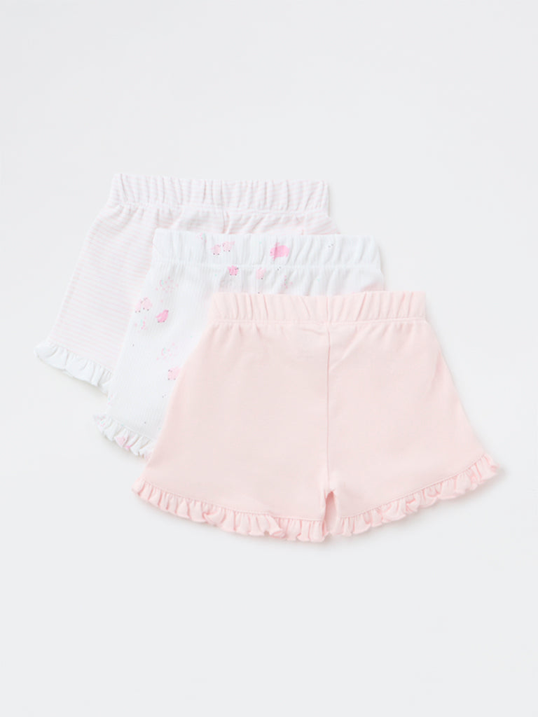 HOP Baby Girls Pink Printed Cotton Shorts - Pack of 3