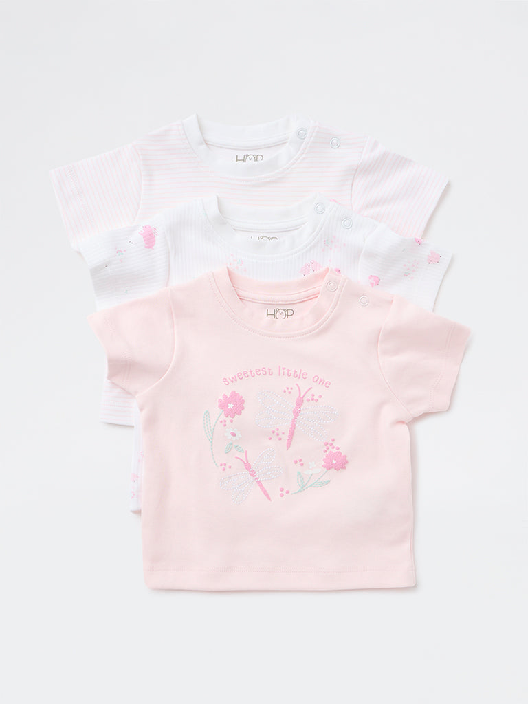 HOP Baby Girls Pink Floral Cotton T-Shirt - Pack of 3