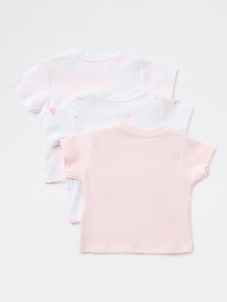 HOP Baby Girls Pink Floral Cotton T-Shirt - Pack of 3