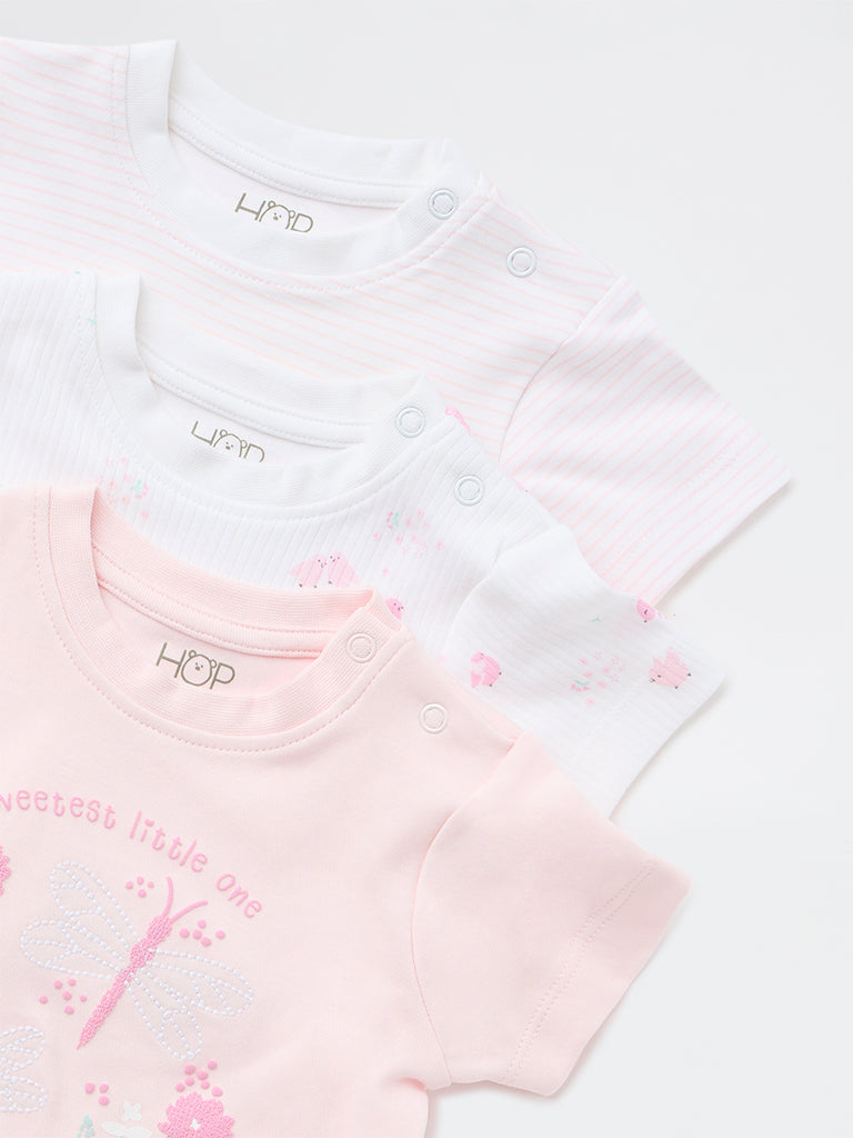 HOP Baby Girls Pink Floral Cotton T-Shirt - Pack of 3