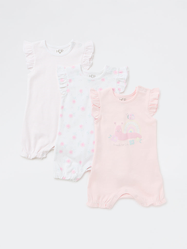 HOP Baby Girls Pink Printed Cotton Romper - Pack of 3