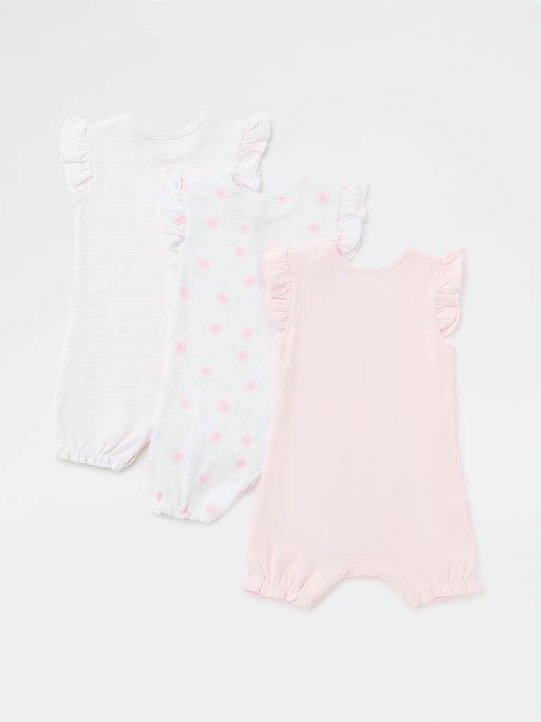 HOP Baby Girls Pink Printed Cotton Romper - Pack of 3