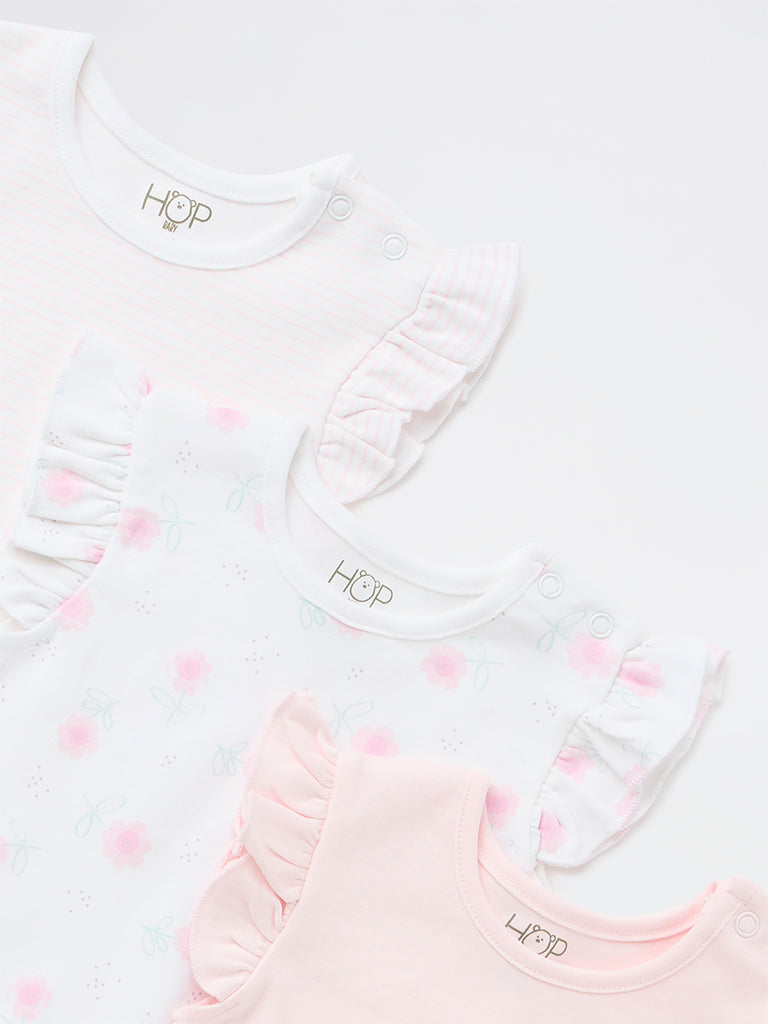HOP Baby Girls Pink Printed Cotton Romper - Pack of 3