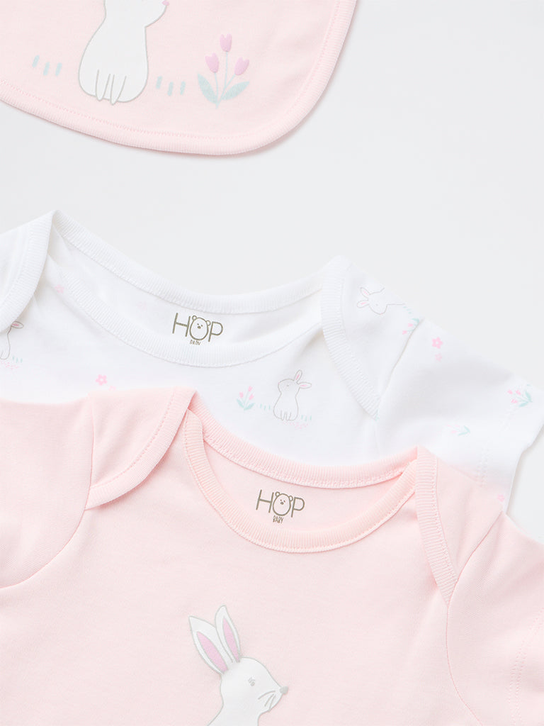 HOP Baby Girls Pink Cotton Romper and Bib -Pack of 2