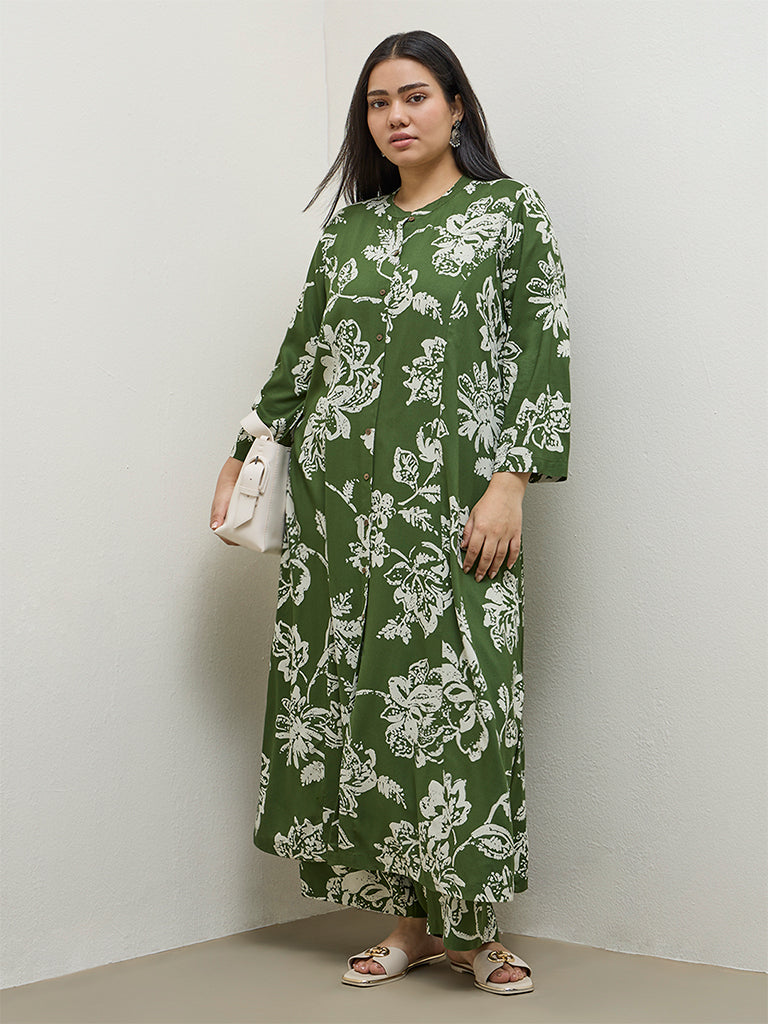Diza Green Floral Pattern A-Line Kurta