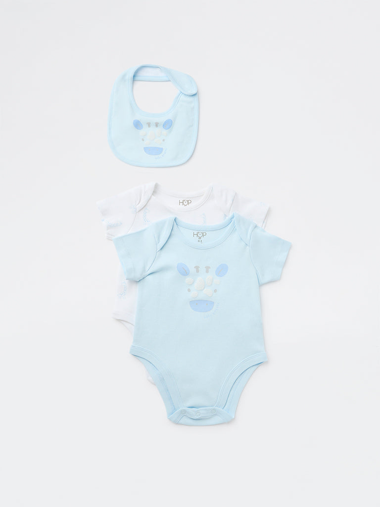 HOP Baby Boys Light Blue Cotton Romper with Bib - Pack of 2