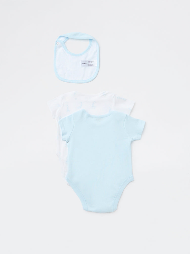 HOP Baby Boys Light Blue Cotton Romper with Bib - Pack of 2