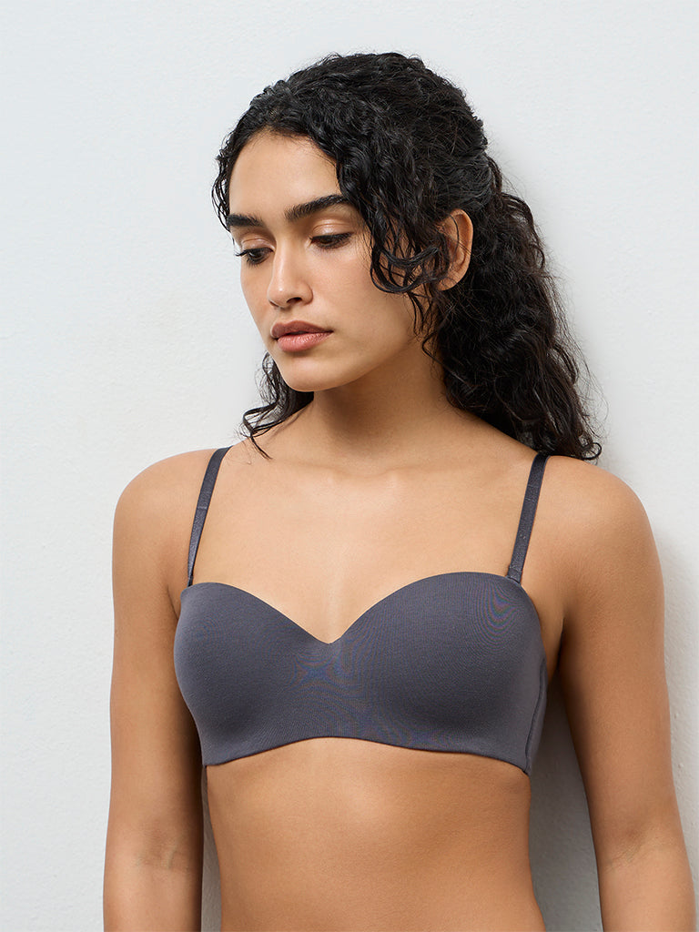 Wunderlove Charcoal Cotton Strapless Wired Bra