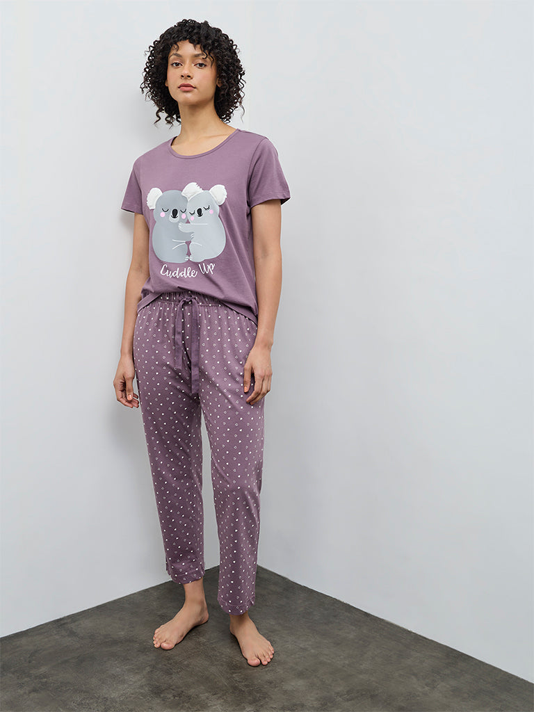 Wunderlove Purple Printed Cotton T-Shirt and Pyjamas Set