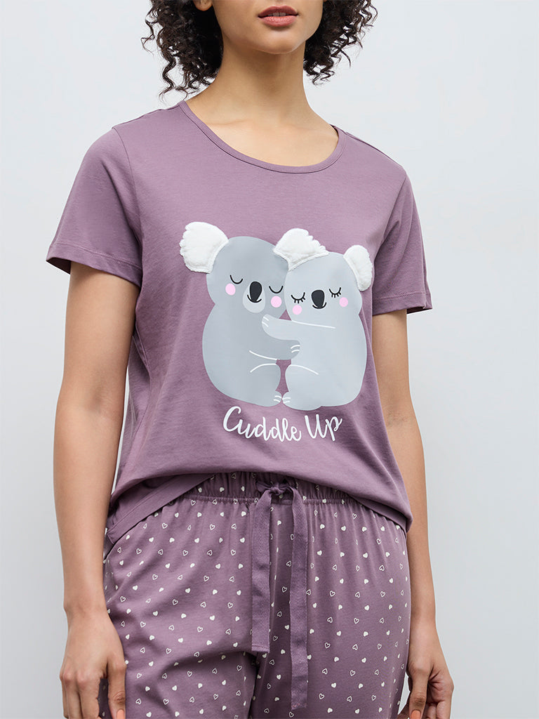 Wunderlove Purple Printed Cotton T-Shirt and Pyjamas Set