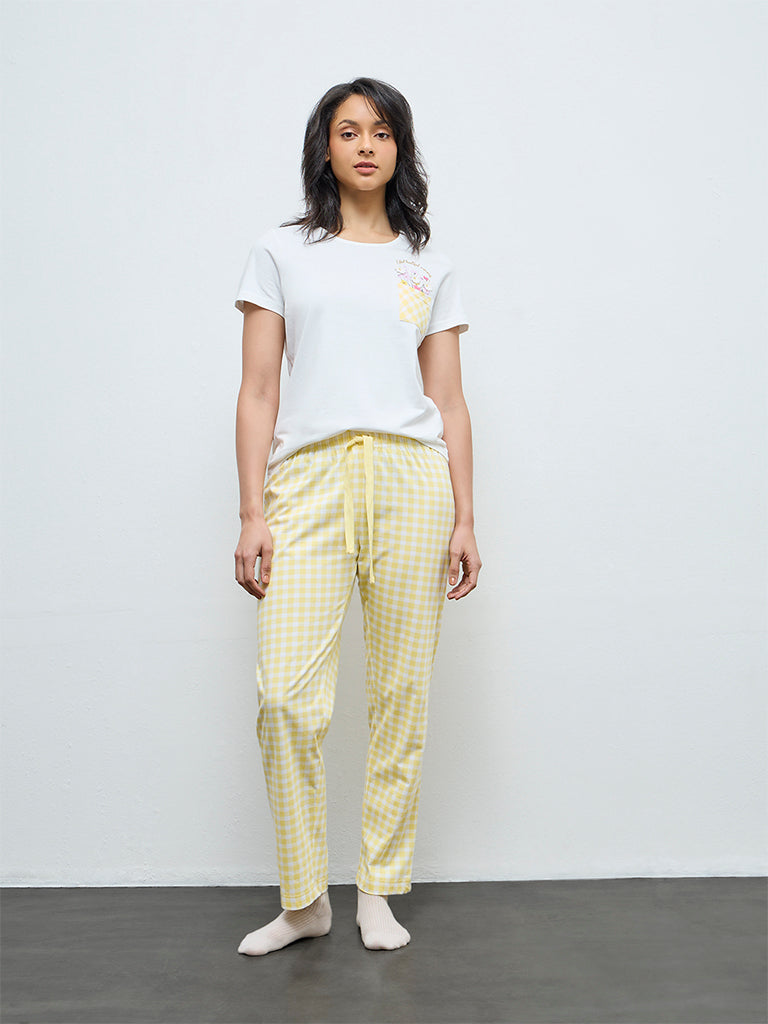 Wunderlove Yellow Printed Embroidered Cotton Pyjama Set