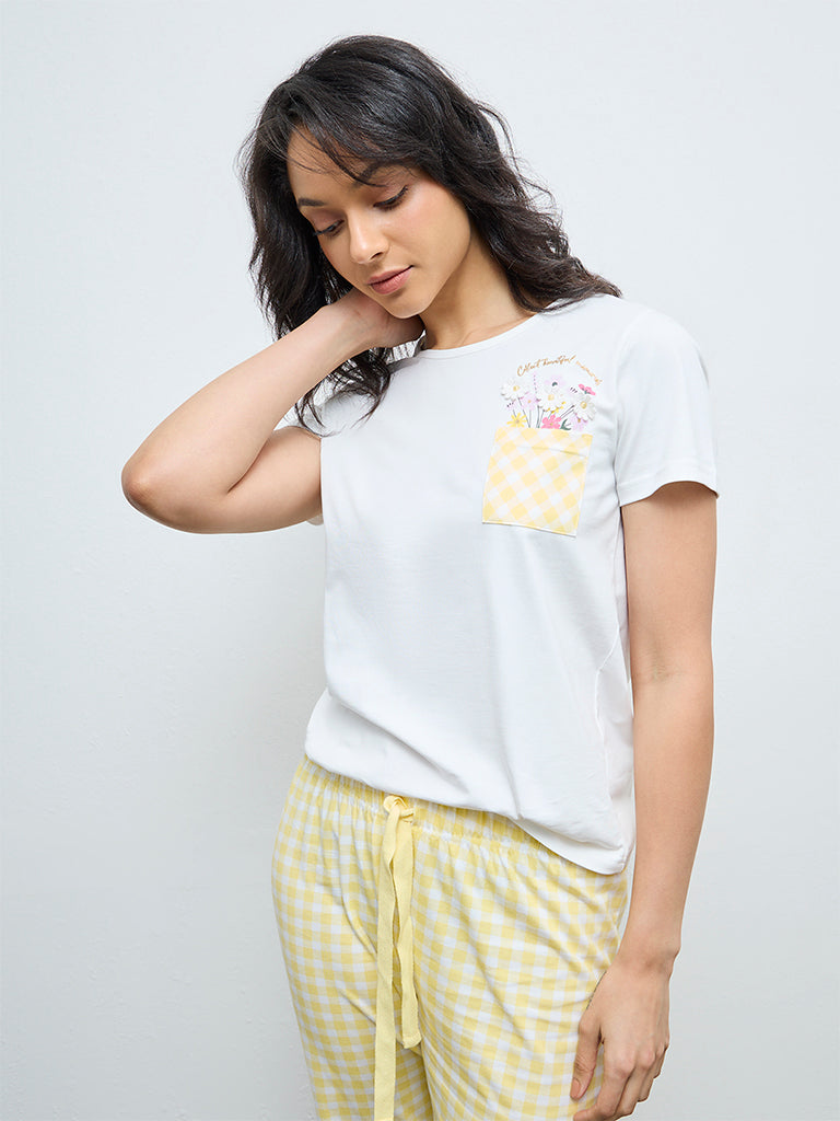 Wunderlove Yellow Printed Embroidered Cotton Pyjama Set