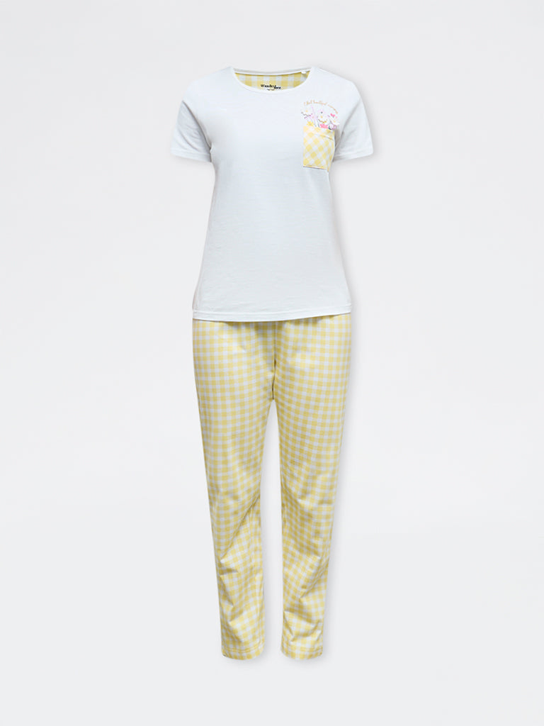 Wunderlove Yellow Printed Embroidered Cotton Pyjama Set
