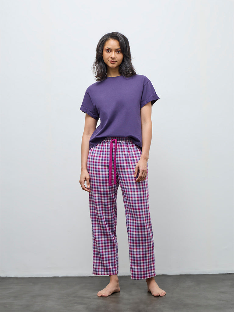 Wunderlove Purple Checkered High-Rise Cotton Pants