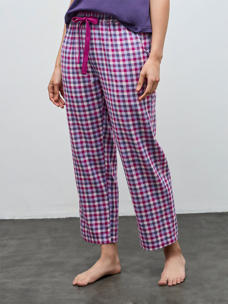 Wunderlove Purple Checkered High-Rise Cotton Pants