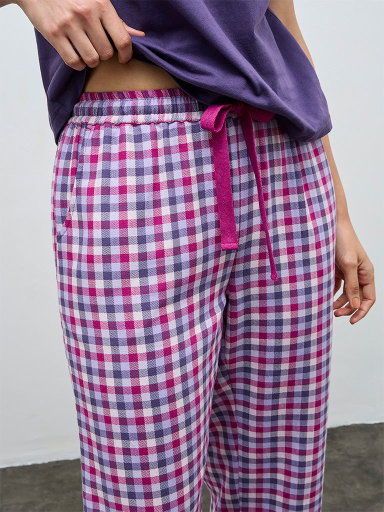 Wunderlove Purple Checkered High-Rise Cotton Pants