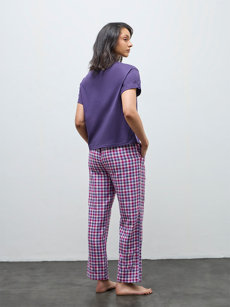 Wunderlove Purple Checkered High-Rise Cotton Pants