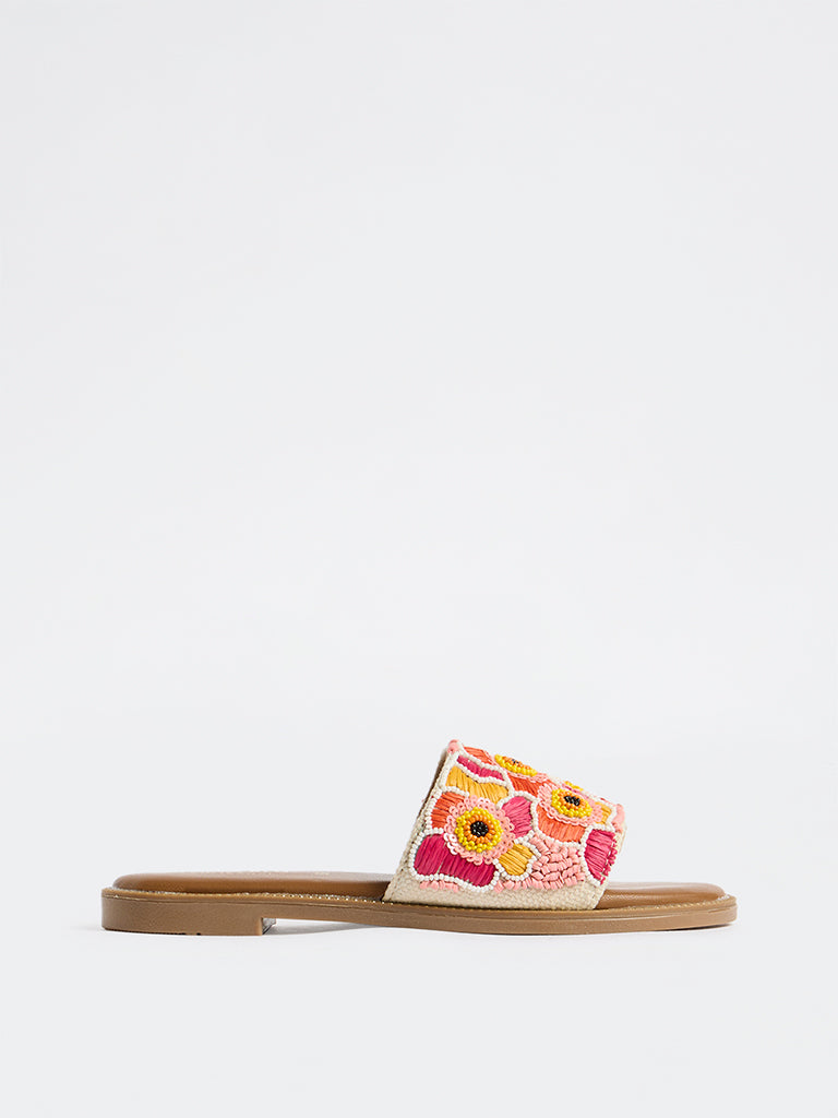 LUNA BLU Pink Floral Embroidered Slides