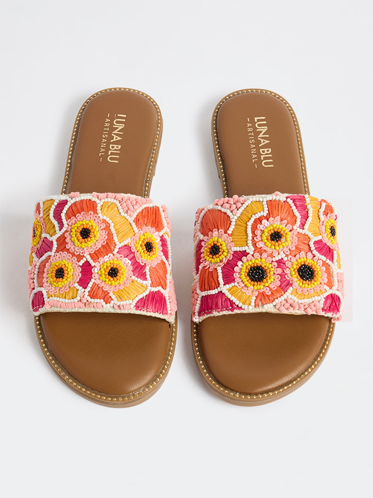 LUNA BLU Pink Floral Embroidered Slides