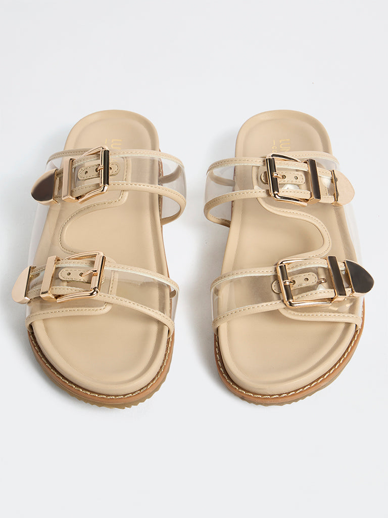 LUNA BLU Beige Dual-Strap Slip-On Comfort Sandals