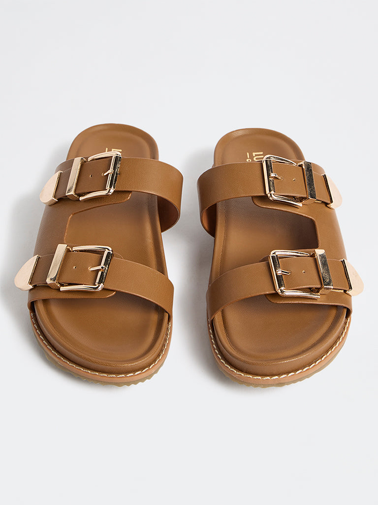LUNA BLU Tan Dual-Strap Slip-On Comfort Sandals