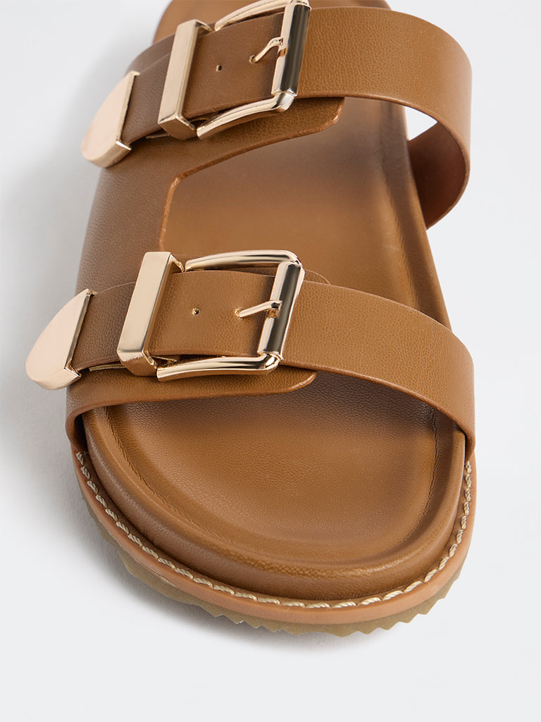 LUNA BLU Tan Dual-Strap Slip-On Comfort Sandals