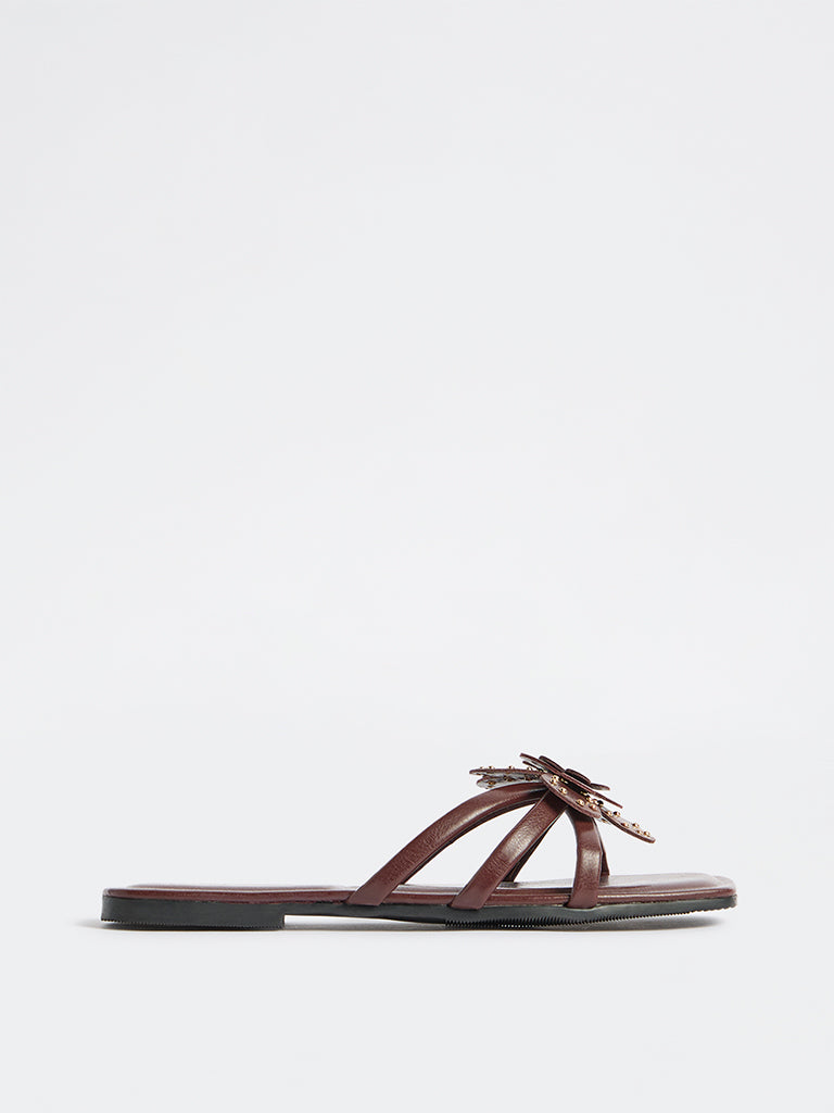LUNA BLU Burgundy Floral Applique Slides