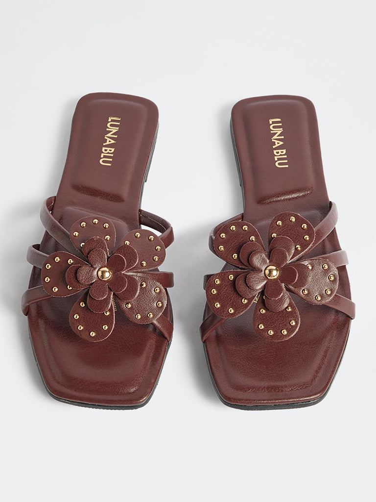 LUNA BLU Burgundy Floral Applique Slides