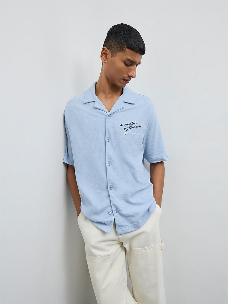 Nuon Blue Embroidered Relaxed-Fit Cotton Shirt