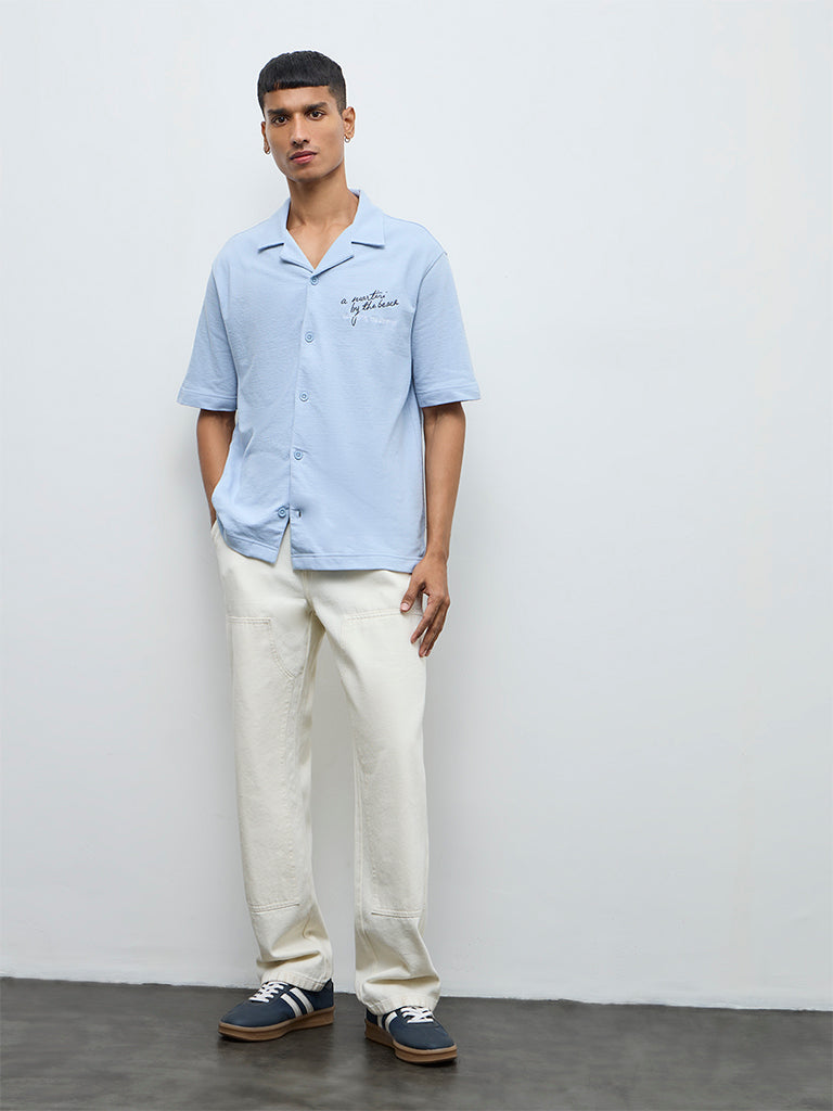 Nuon Blue Embroidered Relaxed-Fit Cotton Shirt