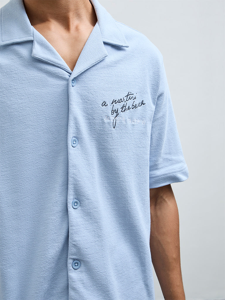 Nuon Blue Embroidered Relaxed-Fit Cotton Shirt
