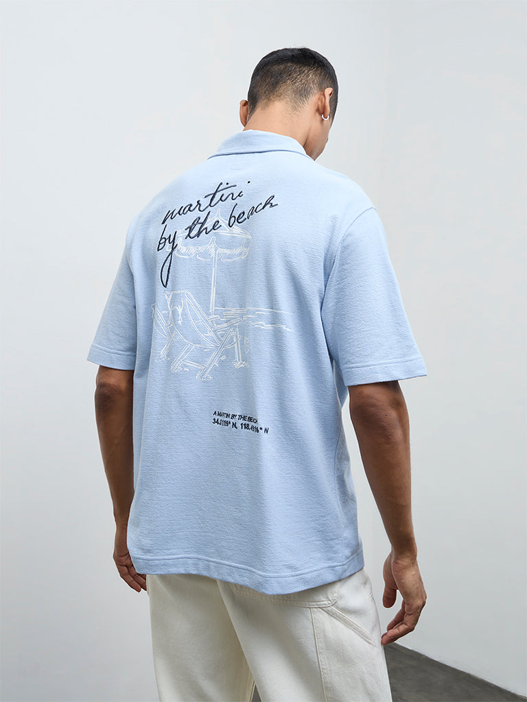 Nuon Blue Embroidered Relaxed-Fit Cotton Shirt