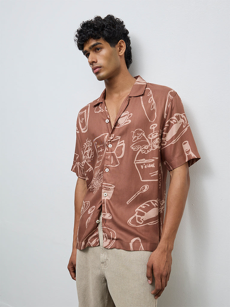 Nuon Brown Printed Relaxed-Fit Shirt