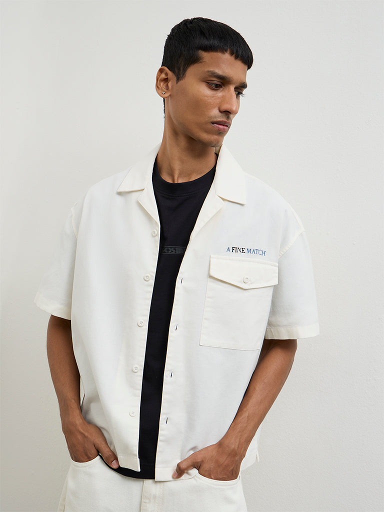 Nuon Off-White Text-Detail Boxy-Fit Cotton Shirt