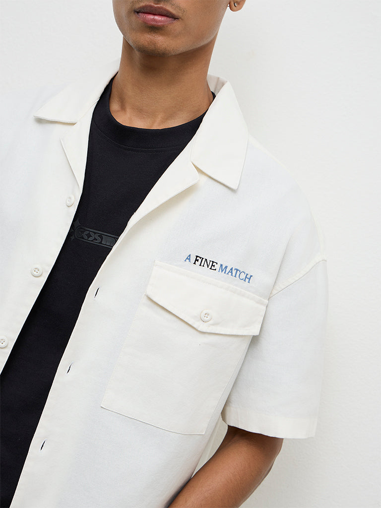 Nuon Off-White Text-Detail Boxy-Fit Cotton Shirt