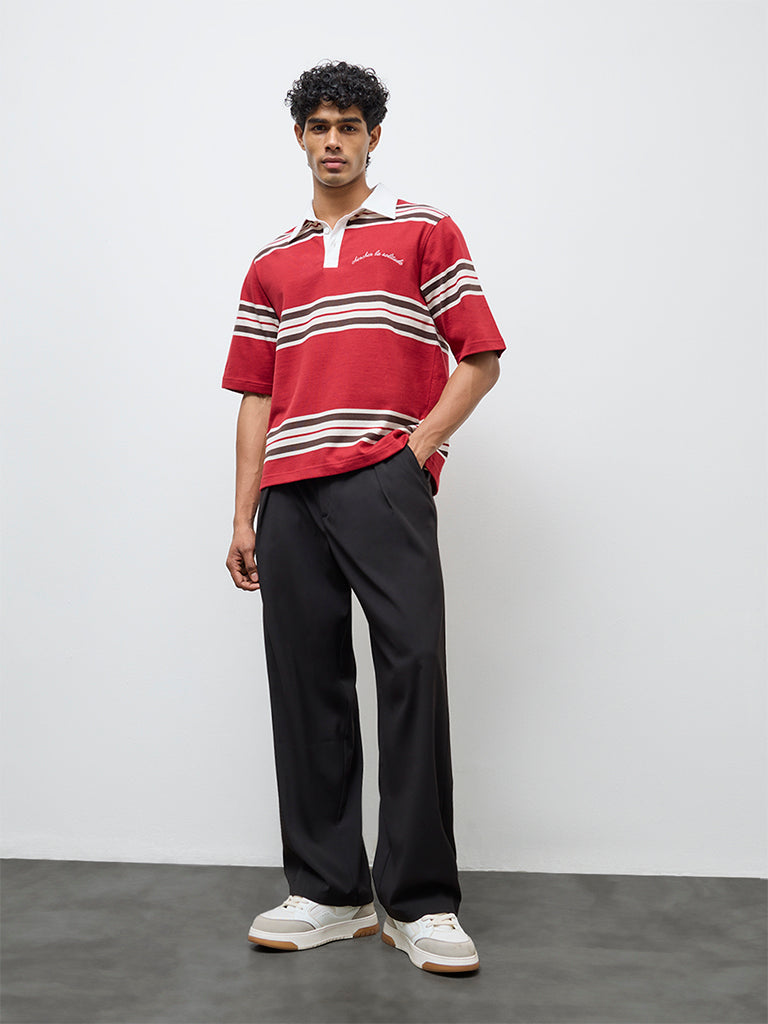 Nuon Red Striped Relaxed-Fit Cotton-Blend Polo T-Shirt