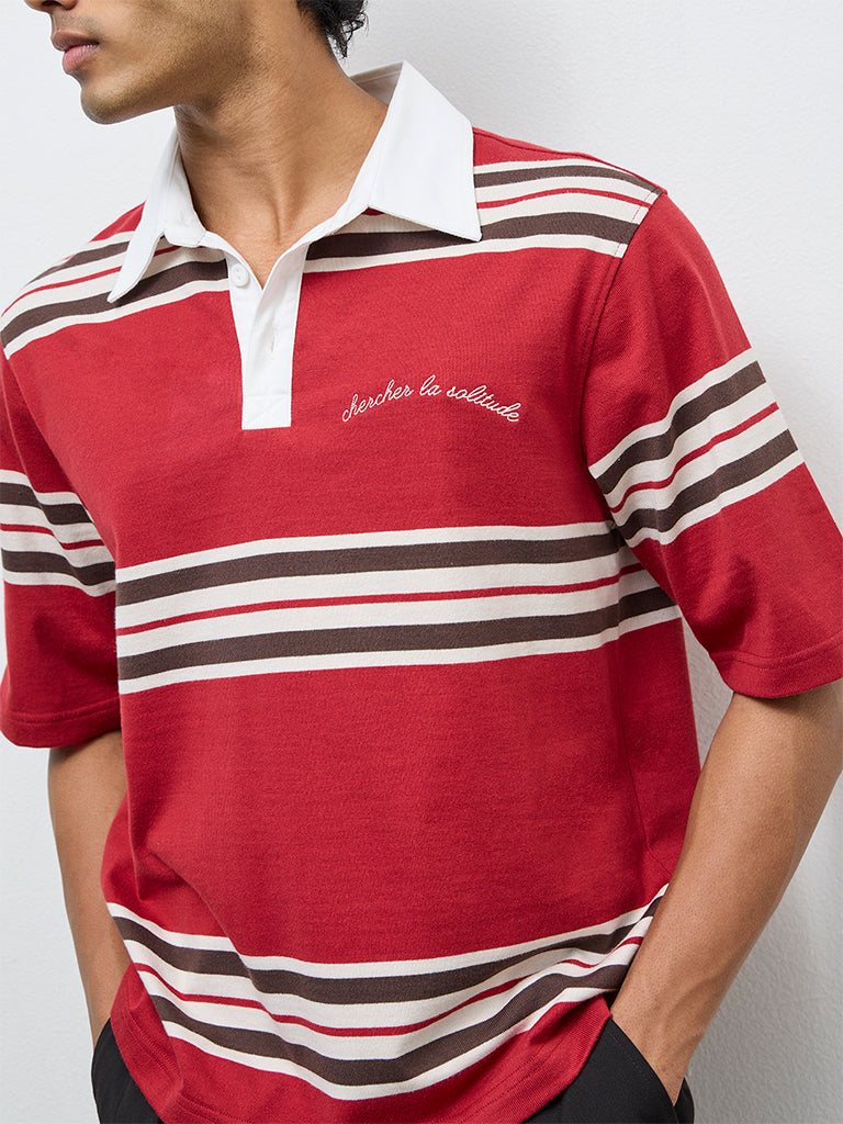 Nuon Red Striped Relaxed-Fit Cotton-Blend Polo T-Shirt
