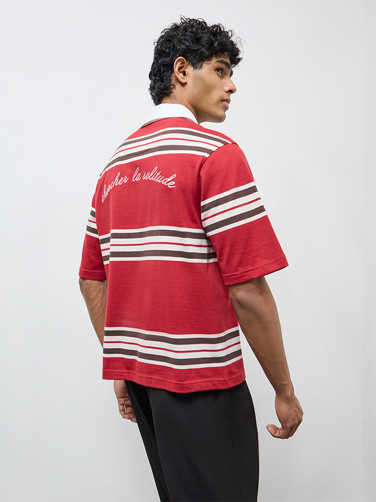 Nuon Red Striped Relaxed-Fit Cotton-Blend Polo T-Shirt
