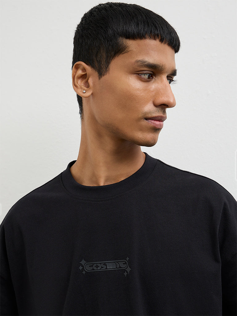 Nuon Black Embossed Oversized-Fit Cotton T-Shirt