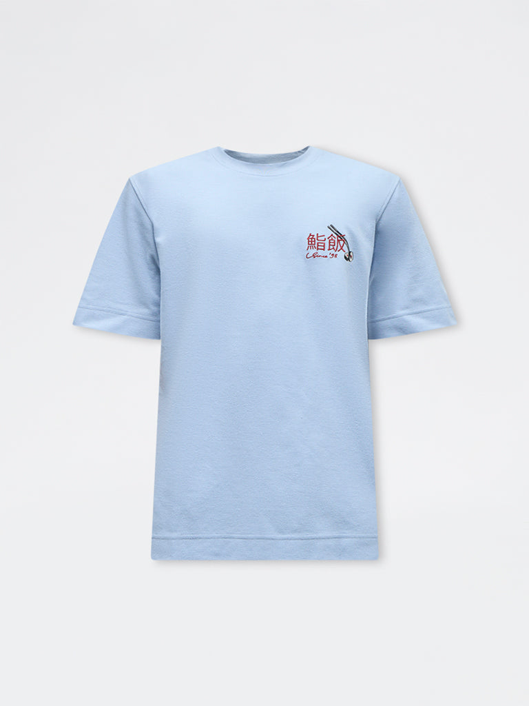 Nuon Light Blue Printed Relaxed-Fit Cotton T-Shirt