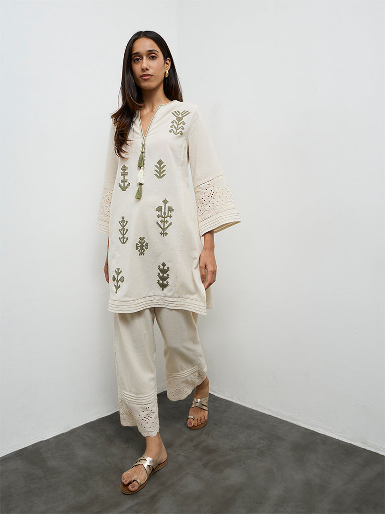Utsa Beige Embroidered Cotton-Blend A-Line Kurta