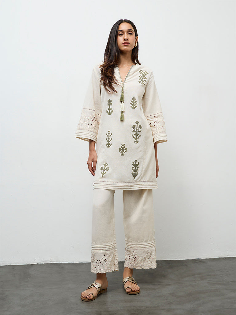 Utsa Beige Schiffli Embroidered Cotton Ethnic Pants