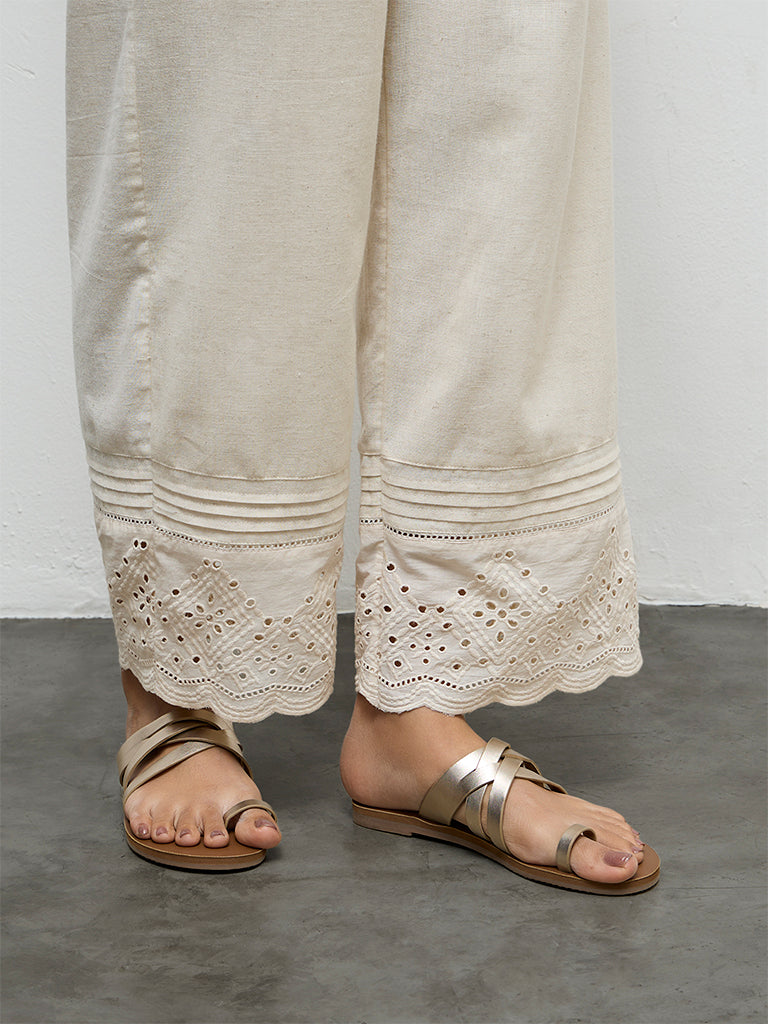 Utsa Beige Schiffli Embroidered Cotton Ethnic Pants