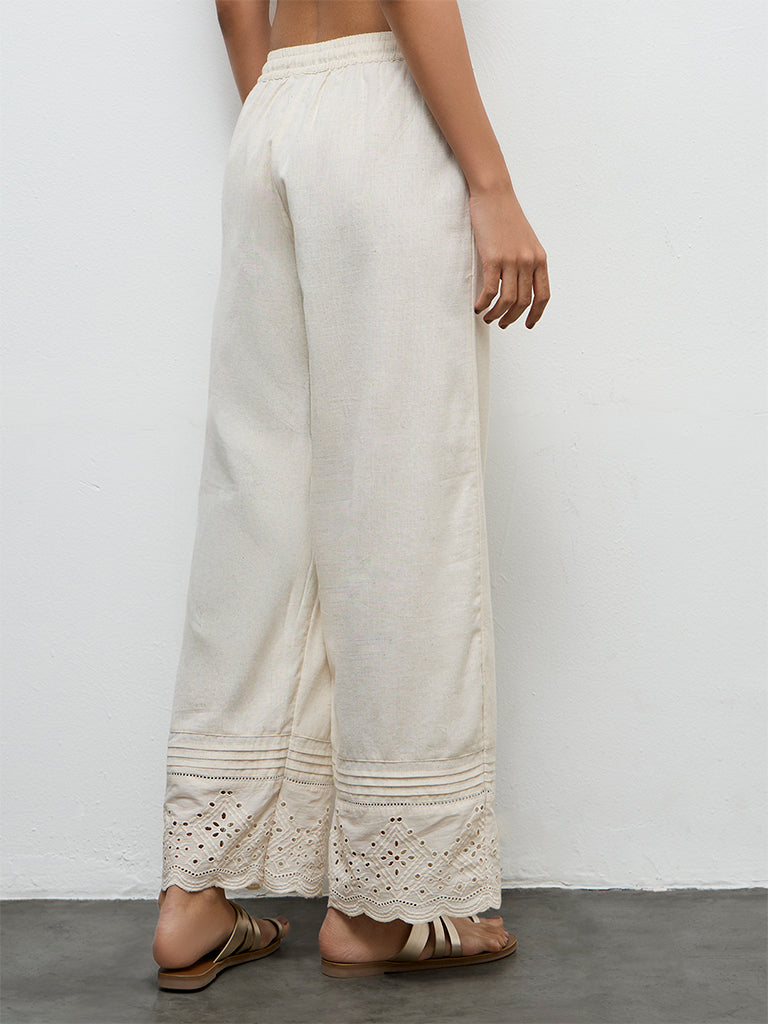 Utsa Beige Schiffli Embroidered Cotton Ethnic Pants