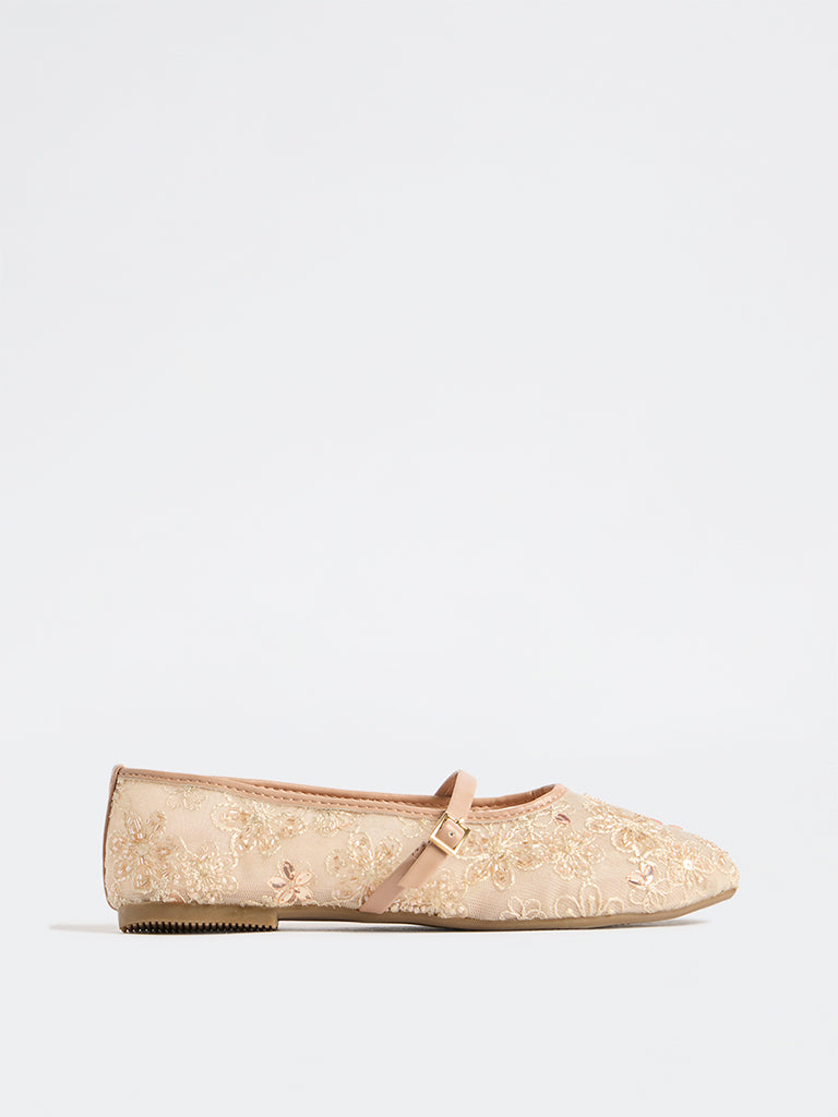 LUNA BLU Cream Embellished Mesh Ballerinas