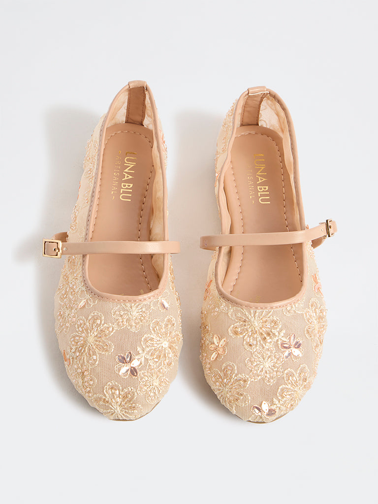 LUNA BLU Cream Embellished Mesh Ballerinas