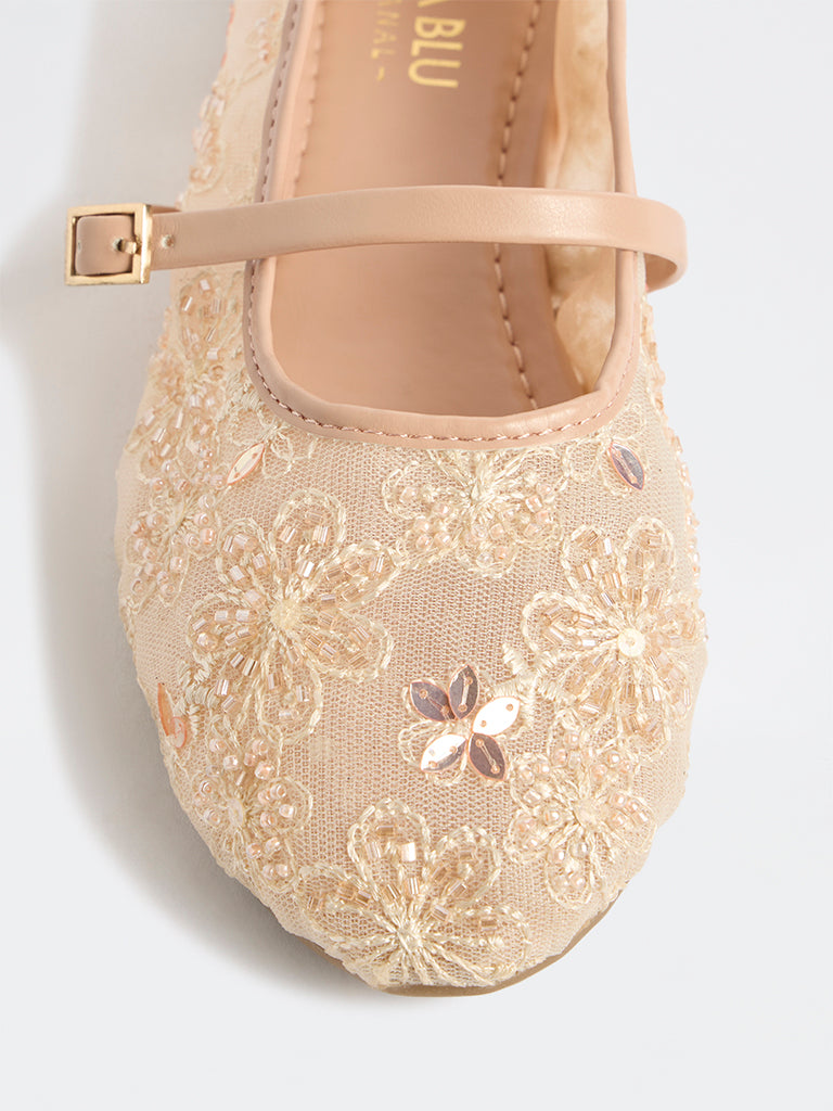 LUNA BLU Cream Embellished Mesh Ballerinas