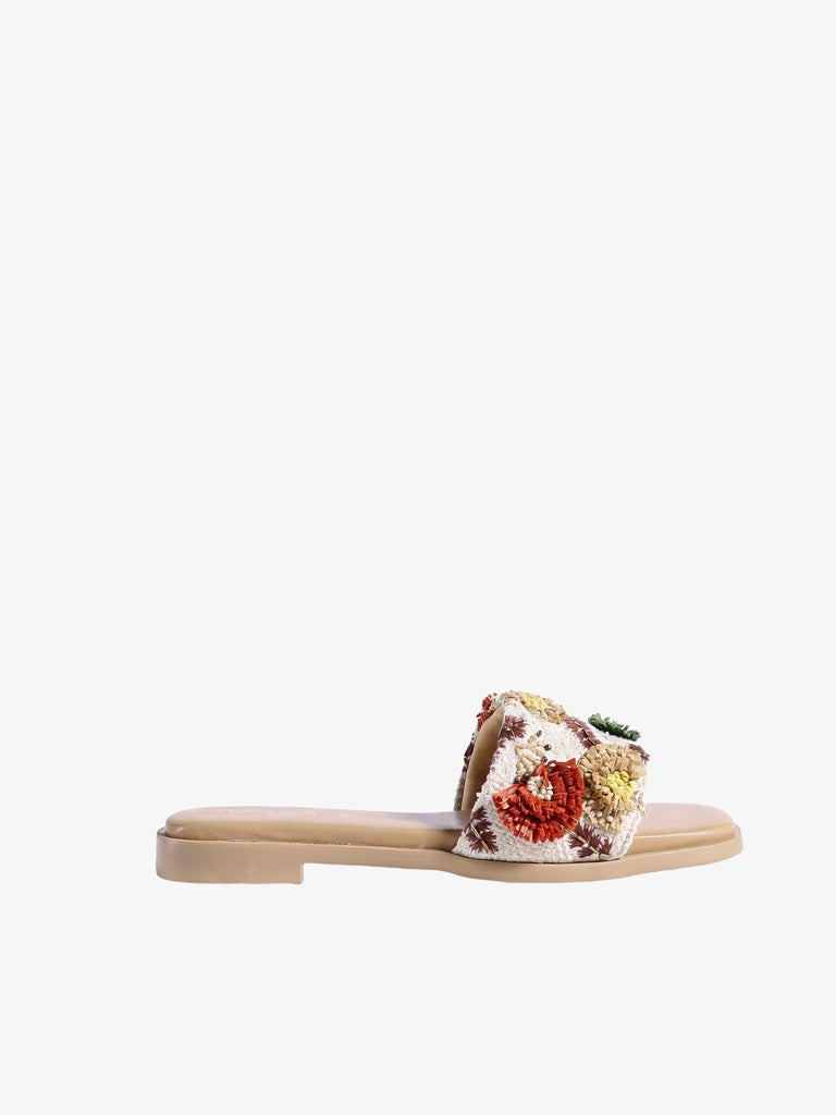 LUNA BLU Beige Floral Embroidered Slip-On Slides