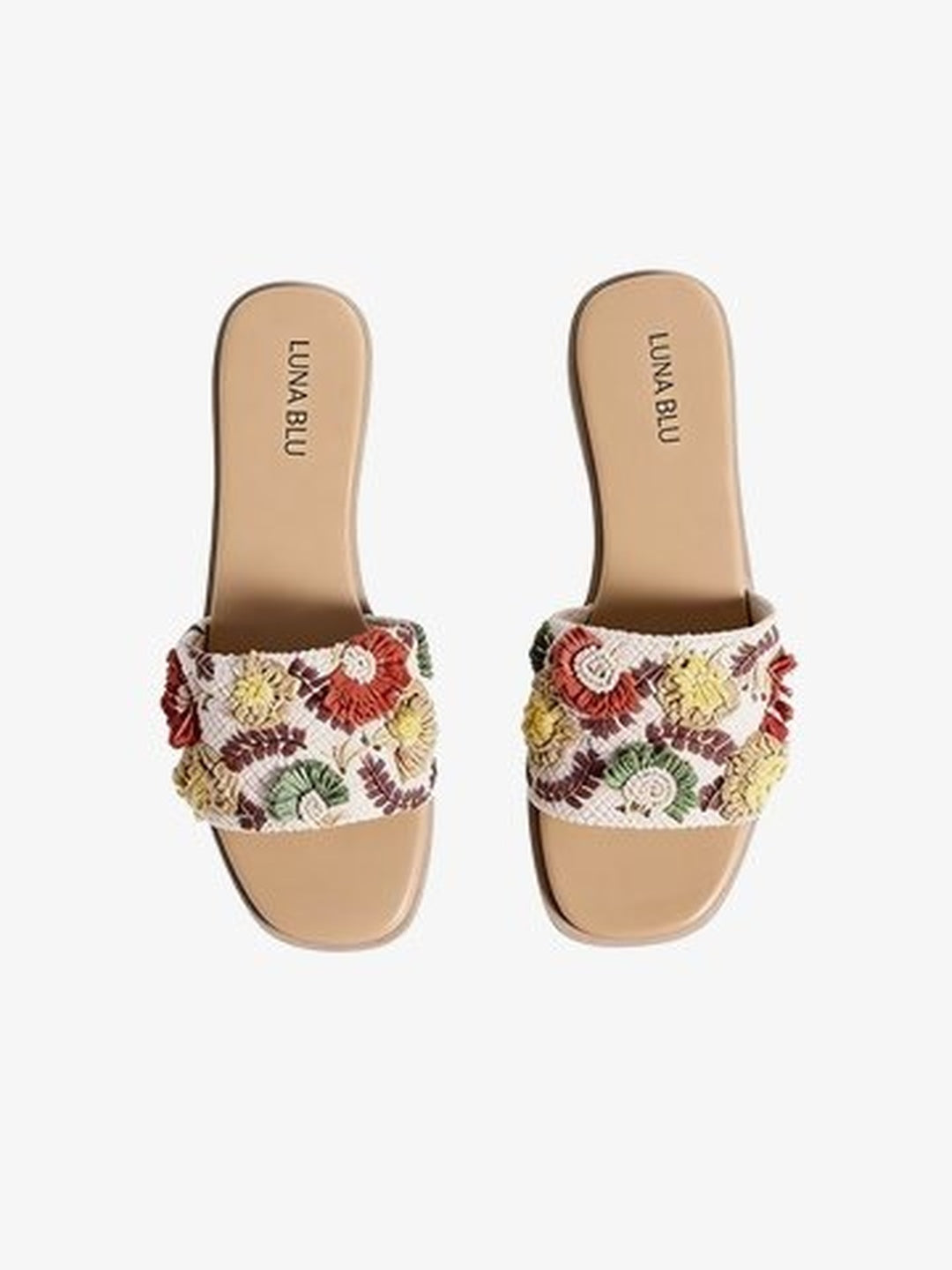 LUNA BLU Beige Floral Embroidered Slip-On Slides